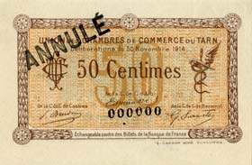 Billet de l'Union des Chambres de Commerce du Tarn (Albi - Castres - Mazamet) - 50 centimes - d�lib�rations du 30 novembre 1914 - sp�cimen annul�