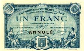 Billet de l'Union des Chambres de Commerce du Tarn (Albi - Castres - Mazamet) - 1 franc - d�lib�rations du 22 d�cembre 1917 - sp�cimen annul�