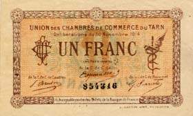 Billet de l'Union des Chambres de Commerce du Tarn (Albi - Castres - Mazamet) - 1 franc - d�lib�rations du 30 novembre 1914