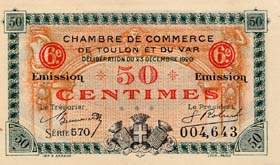 Billet de la Chambre de Commerce de Toulon & du Var - 50 centimes - 23 décembre 1920 - 6ème émission - série 570