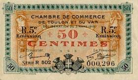 Billet de la Chambre de Commerce de Toulon & du Var - 50 centimes - délibération du 3 mars 1919 - 5ème émission