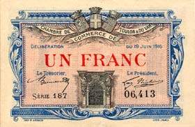 Billet de la Chambre de Commerce de Toulon & du Var - 1 franc - délibération du 19 juin 1916