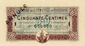 Billet de la Chambre de Commerce de Toulouse - 50 centimes - délibération du 20 juin 1917 - spécimen annulé