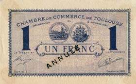 Billet de la Chambre de Commerce de Toulouse - 1 franc - délibération du 13 octobre 1920 - série 1 - spécimen annulé