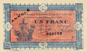 Billet de la Chambre de Commerce de Toulouse - 1 franc - délibération du 6 novembre 1914 - série 2 - spécimen annulé
