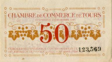Billet de la Chambre de Commerce de Tours - 50 centimes - 3e �mission - 27 d�cembre 1920 - n� 123,569