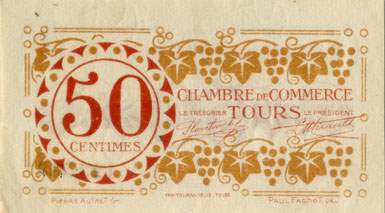 Billet de la Chambre de Commerce de Tours - 50 centimes - 3e �mission - 27 d�cembre 1920 - n� 123,569