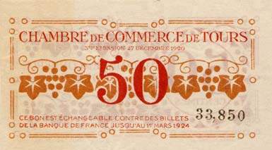 Billet de la Chambre de Commerce de Tours - 50 centimes - 3e �mission - 27 d�cembre 1920 - n� 33,850