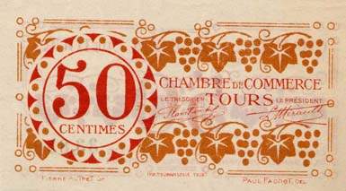 Billet de la Chambre de Commerce de Tours - 50 centimes - 3e �mission - 27 d�cembre 1920