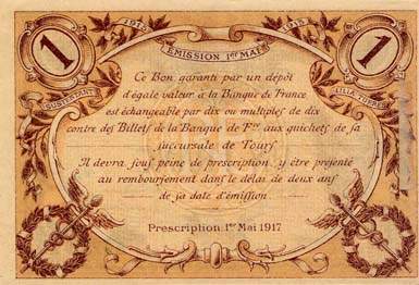 Billet de la Chambre de Commerce de Tours - 1 franc - �mission du 1er mai 1915
