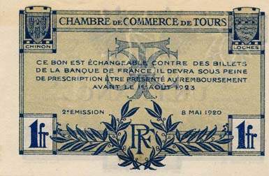 Billet de la Chambre de Commerce de Tours - 1 franc - 2e �mission - 8 mai 1920 - n�144