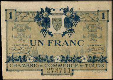 Billet de la Chambre de Commerce de Tours - 1 franc - 2e �mission - 8 mai 1920 - n�278711