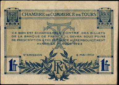 Billet de la Chambre de Commerce de Tours - 1 franc - 2e �mission - 8 mai 1920 - n�278711