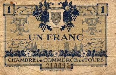 Billet de la Chambre de Commerce de Tours - 1 franc - 2e �mission - 8 mai 1920 - n�21095