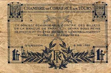 Billet de la Chambre de Commerce de Tours - 1 franc - 2e �mission - 8 mai 1920 - n�21095