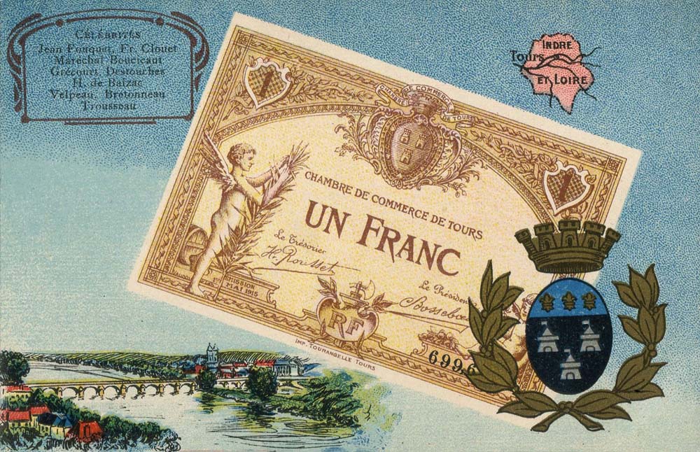 Carte postale repr�sentant un billet de 1 franc de la Chambre de Commerce de Tours