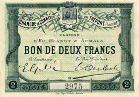 Billet de la Chambre de Commerce du Tr�port - 2 francs - s�rie B - sans num�ro d'�mission