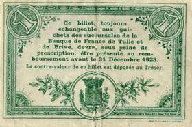 Billet de la Chambre de Commerce de Tulle - 1 franc - 7e �mission - s�rie B