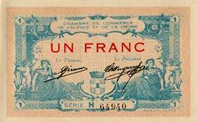 Billet de la Chambre de Commerce de Valence - 1 franc - 23 février 1915 - série H - valeur en rouge