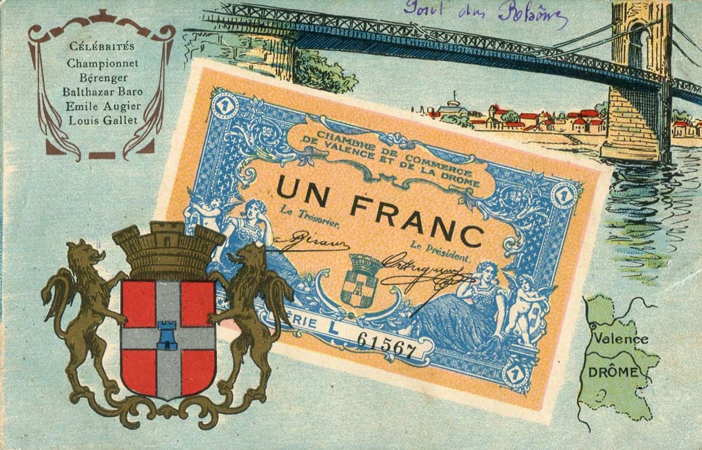 Carte postale représentant un billet de 1 franc - série L - n° 61567 - de la Chambre de Commece de Valence et de la Drôme