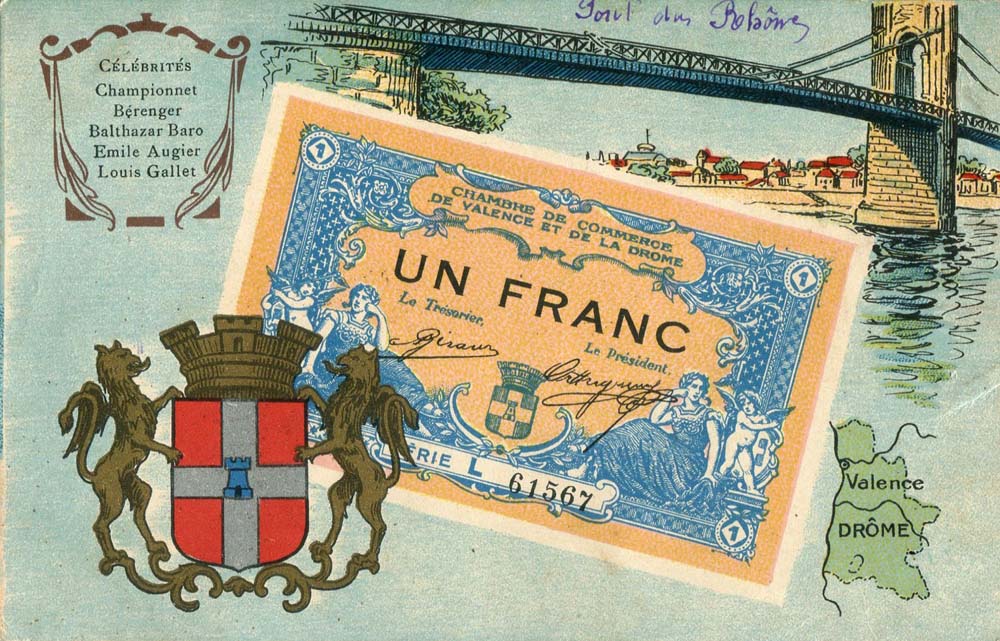Carte postale repr�sentant un billet de 1 franc - s�rie L - n� 61567 - de la Chambre de Commece de Valence et de la Dr�me