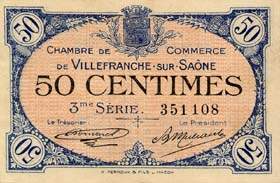 Billet de la Chambre de Commerce de Villefranche-sur-Sa�ne - 50 centimes - �mission du 30 avril 1920 - 3�me s�rie