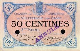 Billet de la Chambre de Commerce de Villefranche-sur-Sa�ne - 50 centimes - �mission du 30 juin 1918 - 2e s�rie - sp�cimen annul� - face