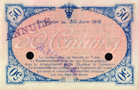 Billet de la Chambre de Commerce de Villefranche-sur-Sa�ne - 50 centimes - �mission du 30 juin 1918 - 2e s�rie - sp�cimen annul� - dos