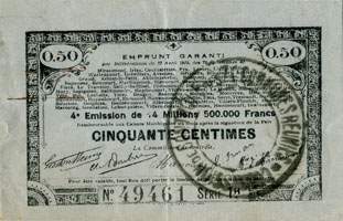 Bon de 50 centimes du Groupement des 70 communes - 4e �mission - S�rie 1H - num�ro 49461