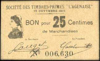 Agen - Société des Timbres-Primes l'Agenaise - Bon pour 25 centimes de marchandises - 15 novembre 1915 - N° 006,630