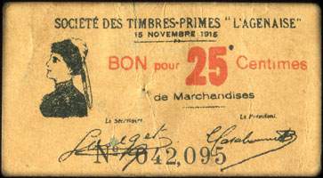 Agen - Société des Timbres-Primes l'Agenaise - Bon pour 25 centimes de marchandises - 15 novembre 1915 - N° 042,095