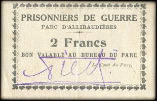 Prisonniers de Guerre - Parc d'Allibaudi�res - 2 francs - face