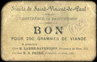 Bon pour 250 grammes de viande - Soci�t� de Saint-Vincent-de-Paul - Conf�rence de Saint-Firmin - Amiens (Somme - 80) - face