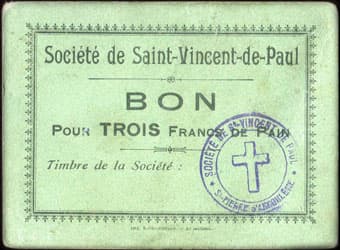 Bon pour TROIS Francs de Pain - Soci�t� de Saint-Vincent-de-Paul - Saint-Pierre d'Angoul�me - Angoul�me (Charente - 16) - face