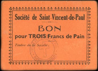 Bon pour TROIS Francs de Pain - Soci�t� de Saint-Vincent-de-Paul - Saint-Pierre d'Angoul�me - Angoul�me (Charente - 16) - face
