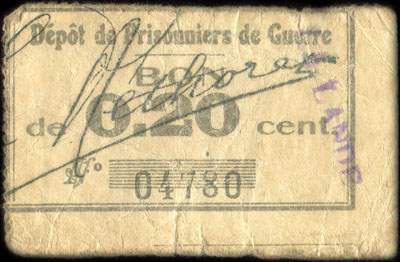 Bon du D�p�t de Prisonniers de Guerre de La&nbsp;Lande - 20&nbsp;centimes n� 04780 - face