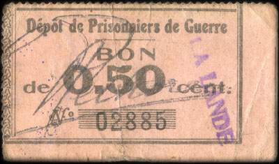 Bon du D�p�t de Prisonniers de Guerre de La&nbsp;Lande - 50&nbsp;centimes n� 02885 - face