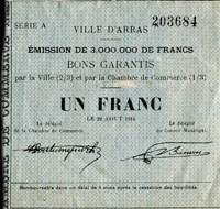 Ville d'Arras - 1 franc - Le 29 août 1914 - Série A - n°203684 - face