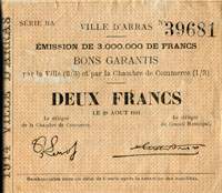 Ville d'Arras - 2 francs - Le 29 août 1914 - Série BA - n°39681 - face
