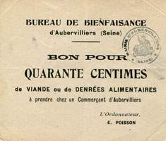 Bon de nécessité d'Aubervilliers - Bureau de Bienfaisance - Bon pour 40 centimes de viande ou de denrées alimentaires