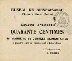 Bon de n�cessit� d'Aubervilliers - Bureau de Bienfaisance - Bon pour 40 centimes de viande ou de denr�es alimentaires