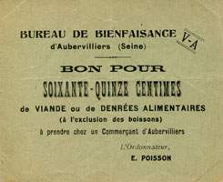 Bon de n�cessit� d'Aubervilliers - Bureau de Bienfaisance - Bon pour 75 centimes de viande ou de denr�es alimentaires