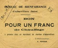 Bon de nécessité d'Aubervilliers - Bureau de Bienfaisance - Bon pour 1 franc de chauffage