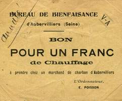 Bon de n�cessit� d'Aubervilliers - Bureau de Bienfaisance - Bon pour 1 franc de chauffage