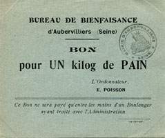 Bon de n�cessit� d'Aubervilliers - Bureau de Bienfaisance - Bon pour 1 kilog. de pain