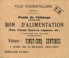 Bon de n�cessit� d'Aubervilliers - Fonds de Ch�mage - Bon d'alimentation de 25 centimes
