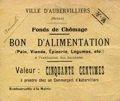 Bon de n�cessit� d'Aubervilliers - Fonds de Ch�mage - Bon d'alimentation de 50 centimes