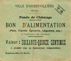 Bon de n�cessit� d'Aubervilliers - Fonds de Ch�mage - Bon d'alimentation de 75 centimes