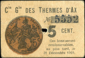 Ax-les-Thermes - Compagnie Générale des Thermes d'Ax - 5 centimes - dos