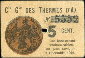 Ax-les-Thermes - Compagnie G�n�rale des Thermes d'Ax - 5 centimes - dos